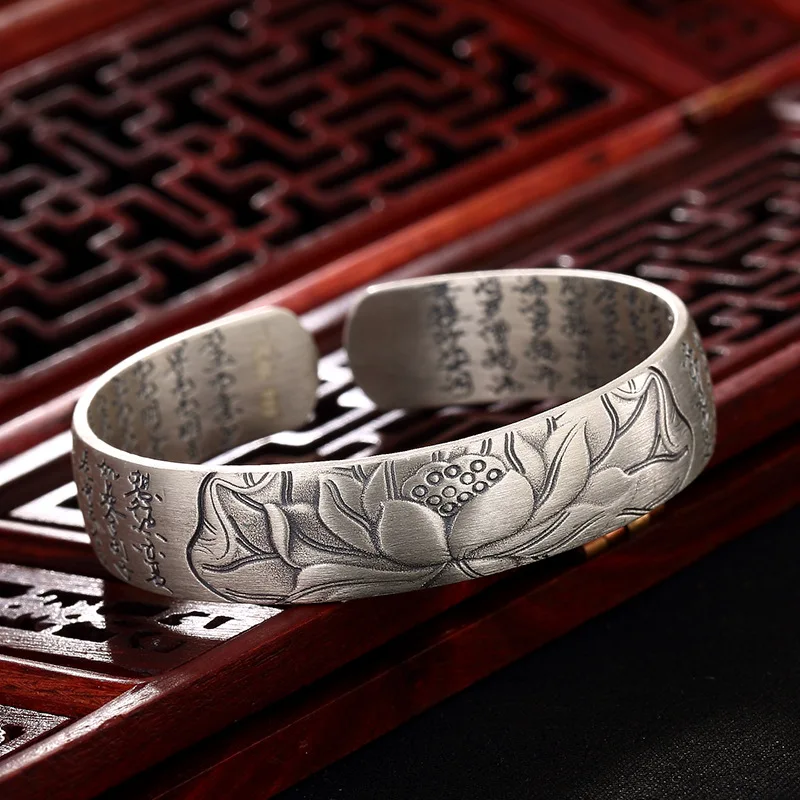 

New arrival Buddhist Sutra open cuff bangle silver Hand Stamped Bracelet Bangle engraved words bracelet bangle jewelry