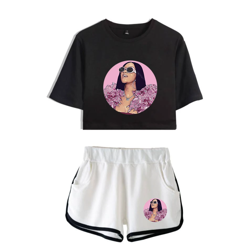 Rapper Cardi B принт для женщин комплект из двух предметов и короткие штаны летняя девушка пупка футболка студент хлопок высокое качество костюм