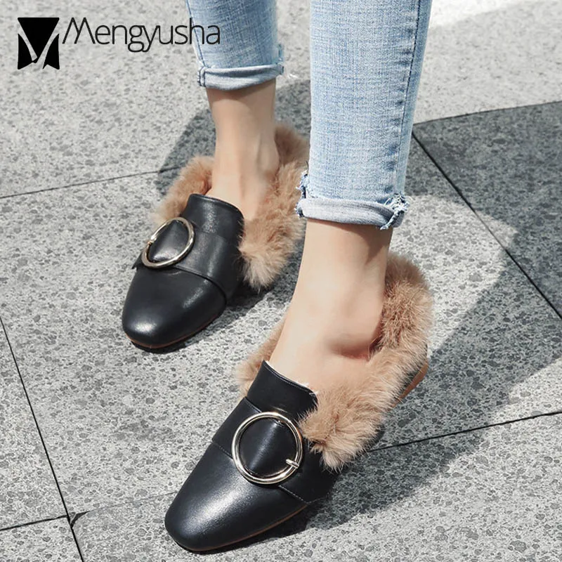 Эспадрильи женская обувь на меху плоской подошве с кроличьим мехом пушистые