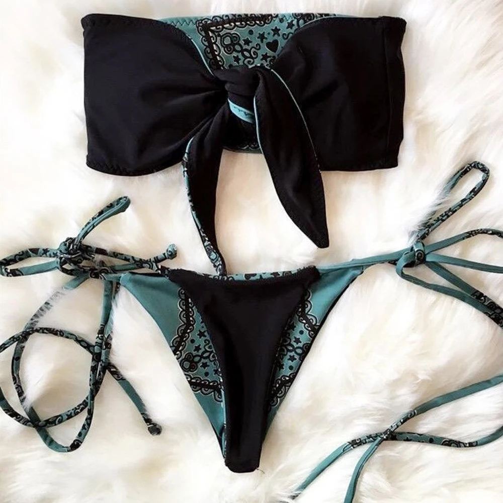 Sexy Bandeau Swimsuit Women Knots on the Chest Bikini Set for Girl Swimming Suit 2018 Print Bathing Separate New Swimwear |
