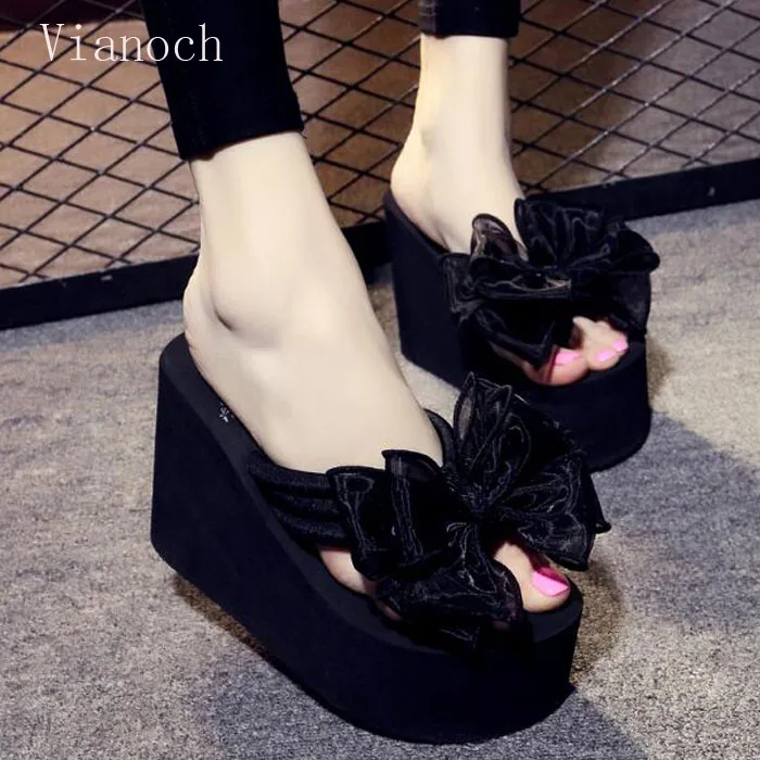 Fashion Womens Flip Flops Summer Wedges Slippers Shoes Platform Shoe Size 40 41 Butterfly-knot aa0946