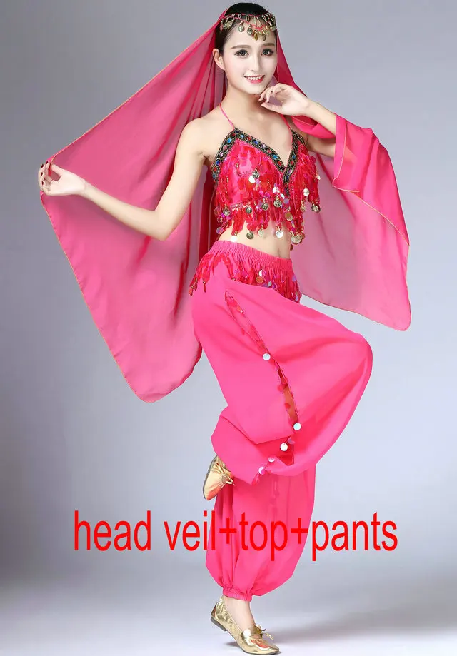 Veil Top Pants Костюм для танца живота с блестками для девочек топ бюстгальтер на бретельках с завязкой вуаль Женская Клубная одежда костюм комплект фестиваль Болливуд Восточный танец наряд - Цвет: Veil Top Pants