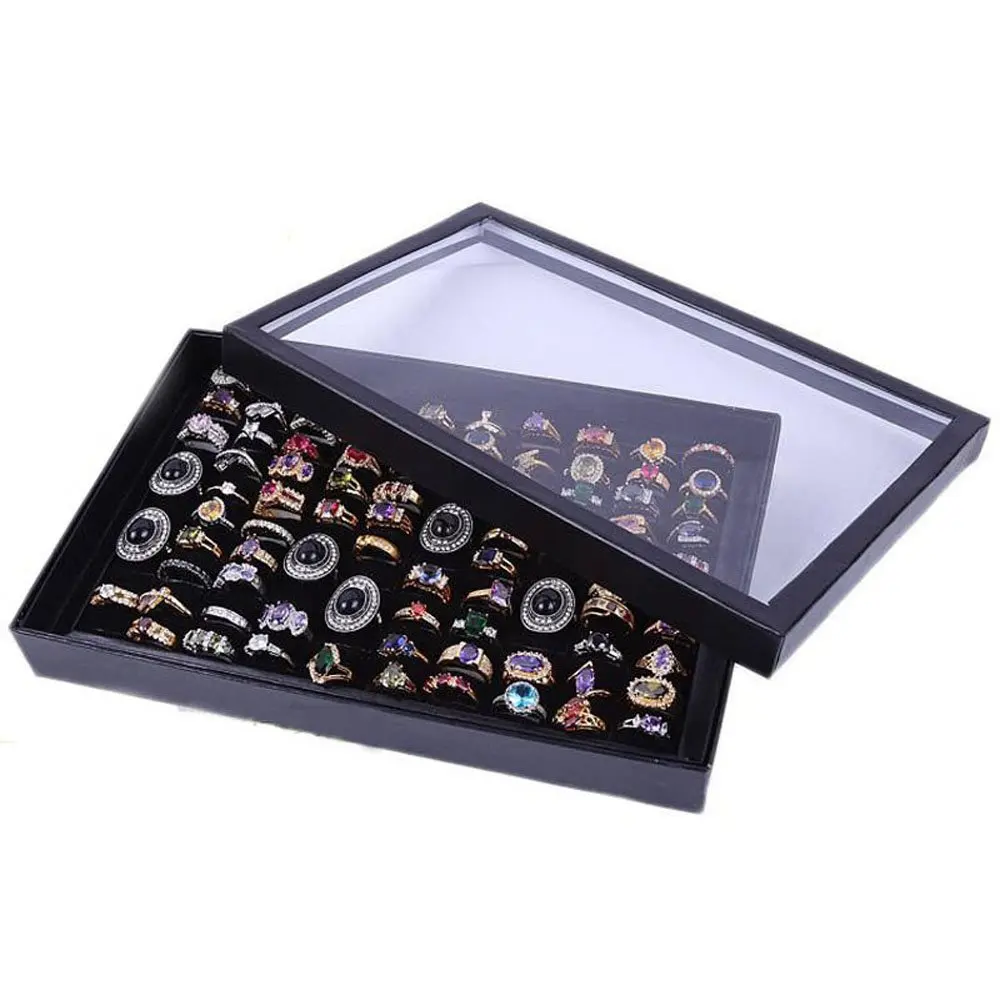 

Black 100 Slot Ear Ring Jewellery Display Storage Box Tray Show Case Organiser Earring Holder with Lid