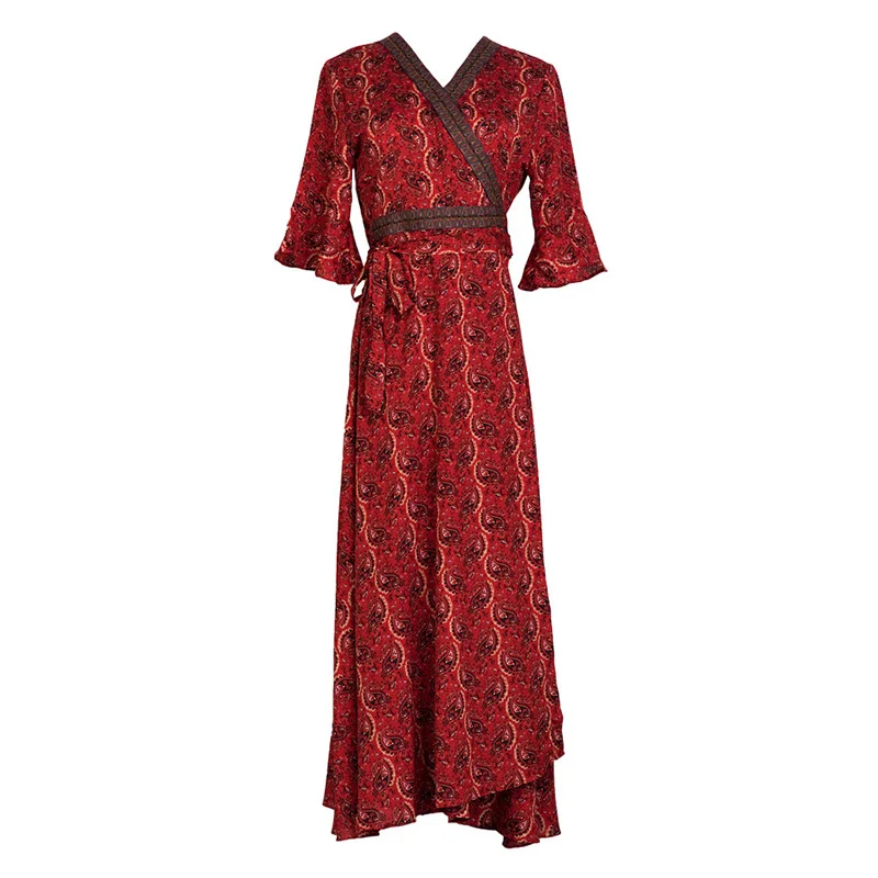 

V-neck Print Maxi Bohemia Loose Vintage Tassel Summer Autumn Women Long Dress short Sleeve Dresses Female QW