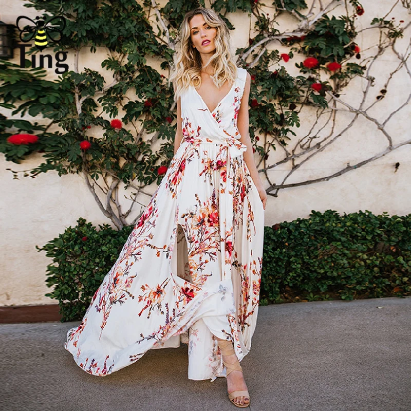 Летнее шифоновое платье макси с глубоким v образным вырезом и разрезом|Женские