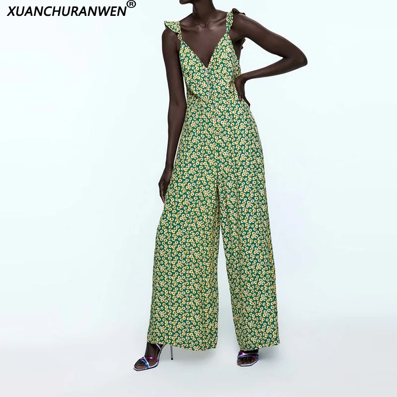 Женский цветочный комбинезон с широкими штанинами без рукавов глубоким V