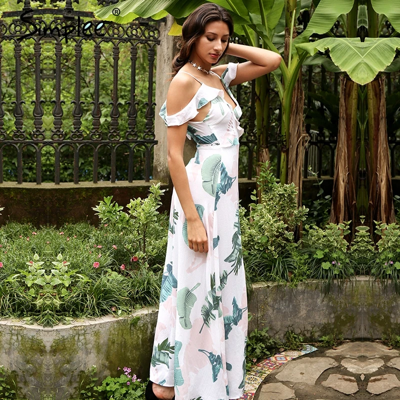 Летнее женское длинное платье Simplee с оборками и принтом макси открытой спиной V