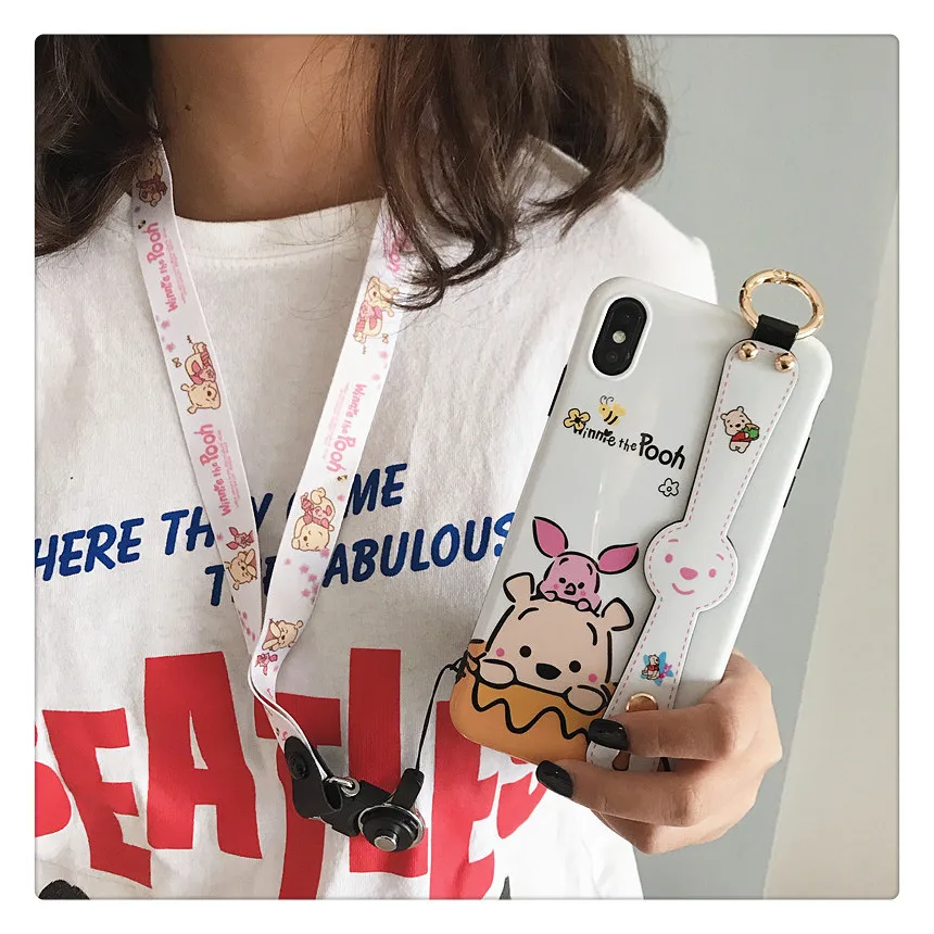 For iphone XR XS max X winnie piglet Wrist strap soft Phone Case iPhone 8plus 7 7plus 6 6S 6p Shell case stand holder +strap |