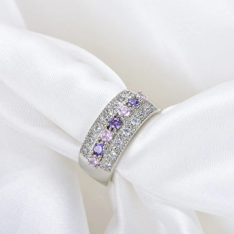 

OMHXZJ Wholesale European Fashion Woman Girl Party Wedding Gift Luxury Pink Amethyst AAA Zircon 18KT White Gold Ring RR639