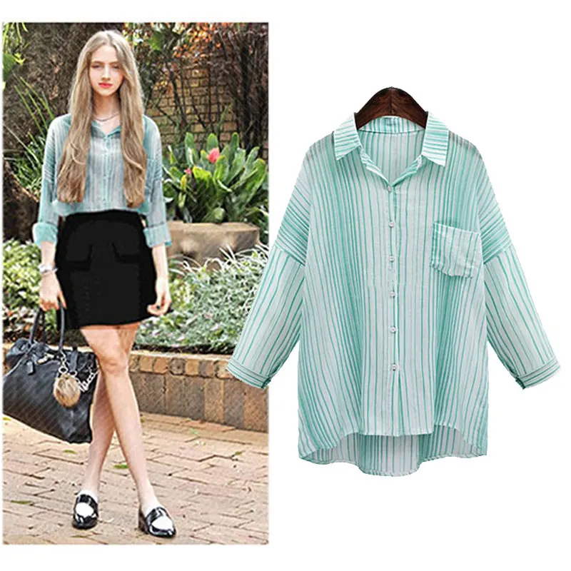 Свободные Зеленые Вертикальные Полосы Хлопка Женщин Рубашки 2016 Новых