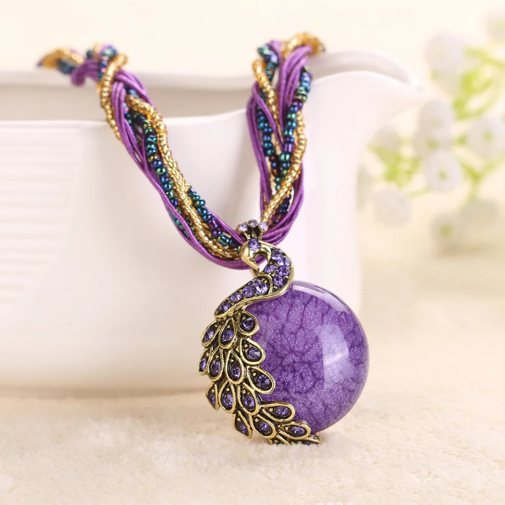 Женское длинное ожерелье с опалом винтажное в богемном стиле кулоном виде