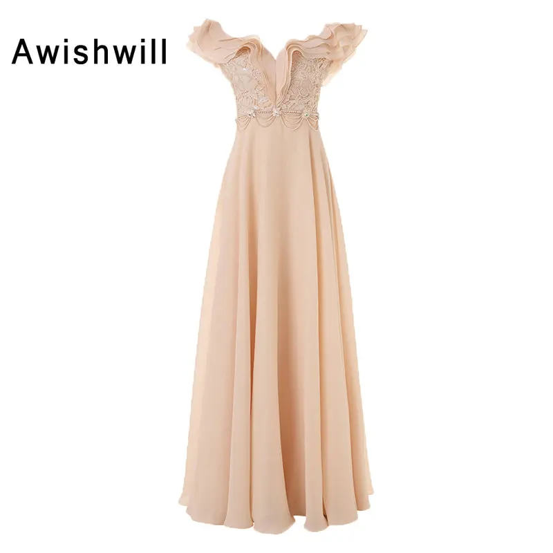

Fashion A-Line Off The Shoulder Champagne Evening dress 2018 Beaded Lace Chiffon Vestido longo Formal Dress Evening Party Gowns