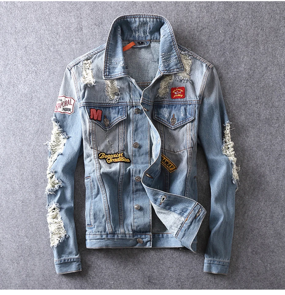 ABOORUN Hi Street, мужские модные джинсовые куртки, рваные, из кусков, облегающие джинсы, пальто, весна-осень, уличная одежда, пальто для мужчин, x1345