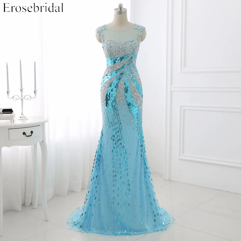 Женское блестящее вечернее платье со шлейфом Erosebridal синее длинное с блестками
