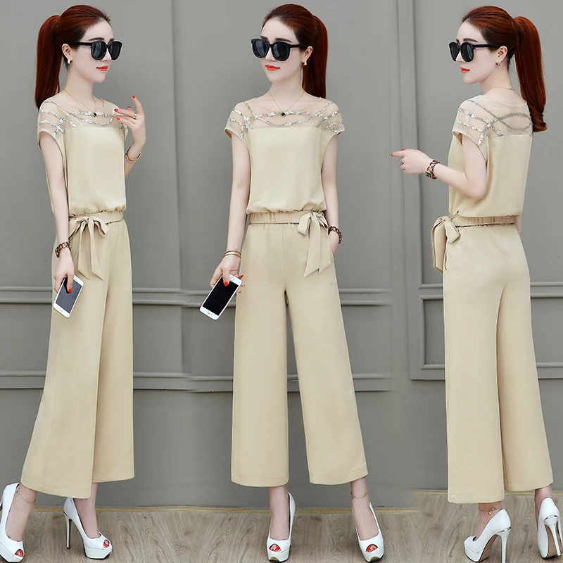 Шифоновый летний стильный женский комплект 2 шт. Топ и штаны Модный костюм Conjunto