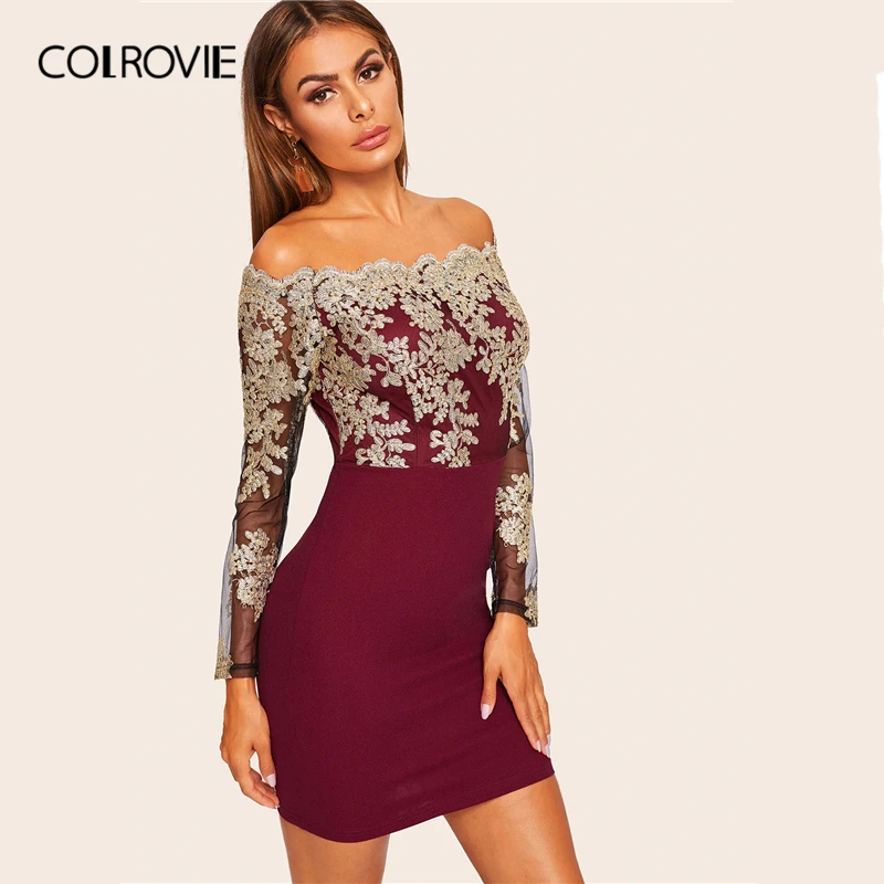 COLROVIE Бургундия с открытыми плечами кружева вышитые гребешок Bodycon Элегантный мини платье женское с длинным рукавом платья для вечеринок