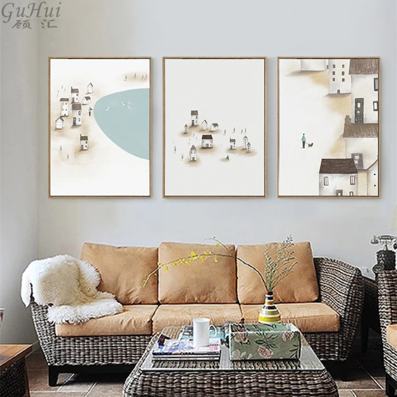 Minimalist Hand Painted Chinese Village House Building Canvas Painting Home Room Wall Pictures Decorative Landscape Posters | Дом и сад