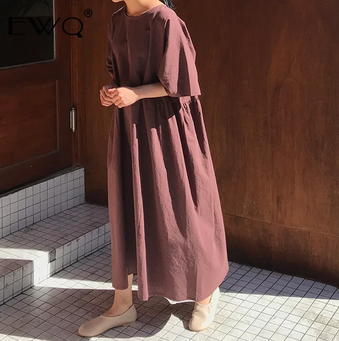 EWQ 2019 новое летнее поступление круглый воротник Vestidos короткий рукав свободный