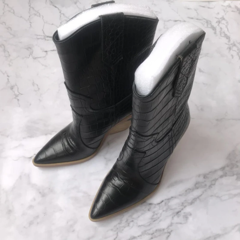 BuonoScarpe/ботинки в ковбойском стиле из крокодиловой кожи; Botas Mujer; ковбойские ботинки для женщин; дизайнерские ботинки до середины икры на массивной танкетке;