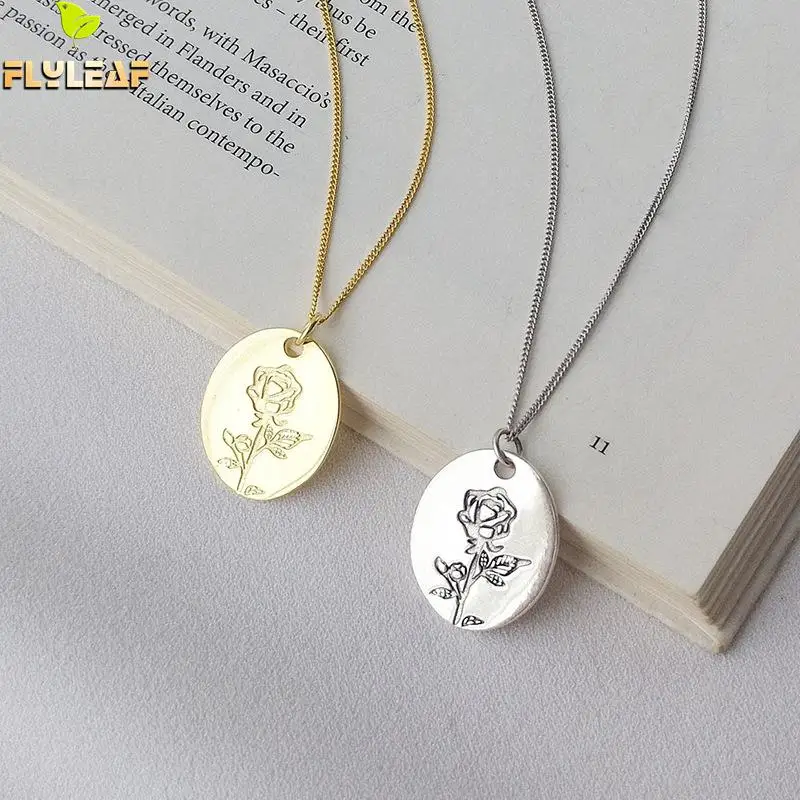 

Flyleaf Rose Flower Carving Gold Necklaces & Pendants Real 925 Sterling Silver Necklace For Women Fashion Chain Fine Jewelry