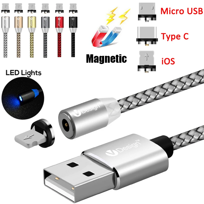 1 м 2 Micro USB/Type C/iOS Круглый Магнитный зарядный кабель LED Light 2.4A быстрое зарядное