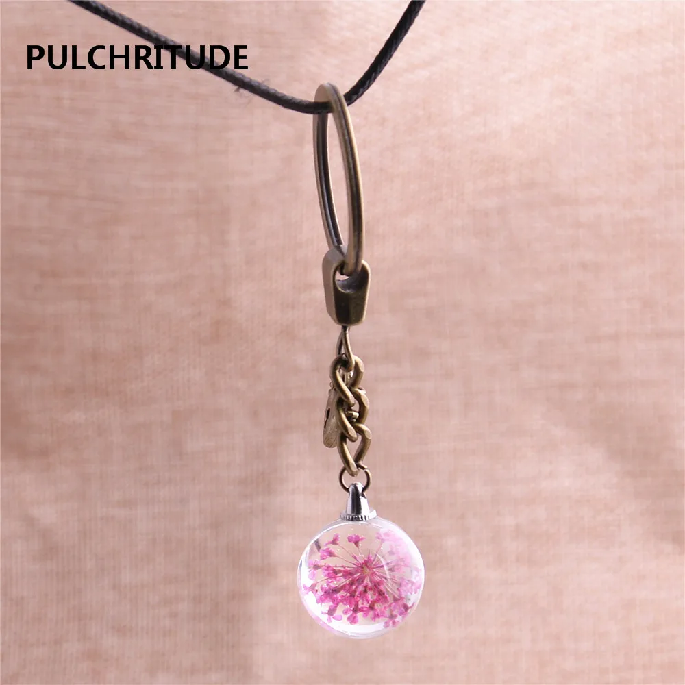 PULCHRITUDE 2 шт./партия металлический брелок хрустальный стеклянный шар кулон с высушенным цветком крылья сердце Шарм кольцо для ключей ювелирные изделия Diy C0581