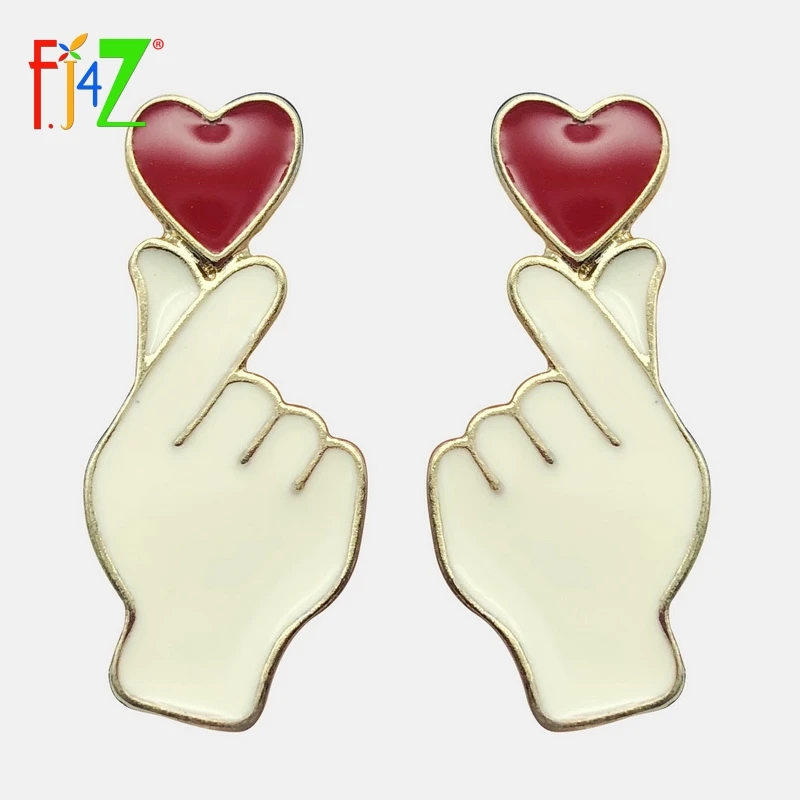 

F.J4Z Nova Korea Love Sign Earrings Fashion Lovely Red Oil Heart Hand Stud Earring Woman Pendientes de la mujer joyas