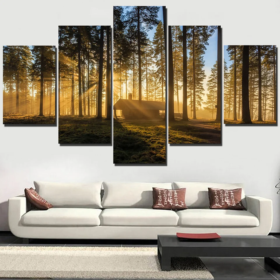 

Decoration Posters HD Printed Frame Living Room 5 PiecePcs Forest Small House Sunshine Modern Wall Art Pictures Home Painting