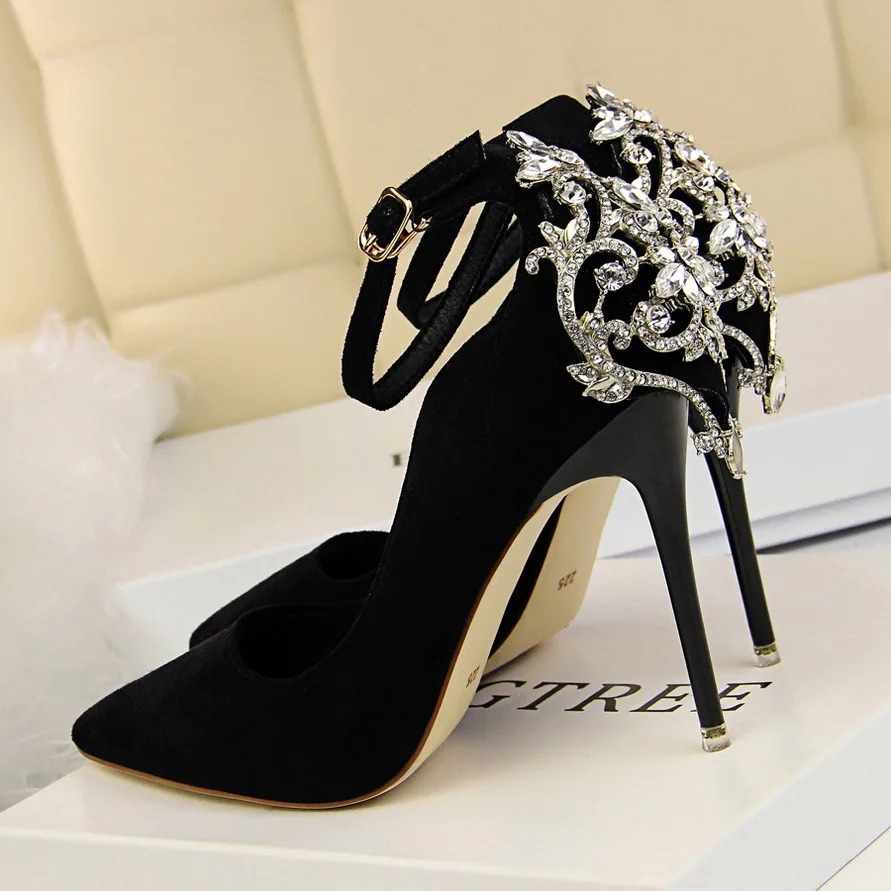 Heel Height 10cm HENGSCARYING/женские Роскошные туфли-лодочки с кристаллами; женские туфли-лодочки из флока на тонком высоком каблуке 10 см; вечерние свадебные туфли с острым носком - Цвет: Heel Height 10cm