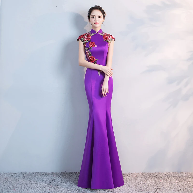 Chinese Style Wedding Long Cheongsam Retro Sexy Slim Party Evening Dress Marriage Gown Qipao Fashion Lady Clothes Vestido Purple