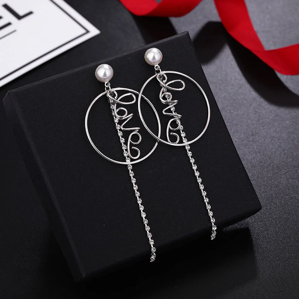 HanCheng новые модные круглые Висячие Серебряные длинные серьги со стразами