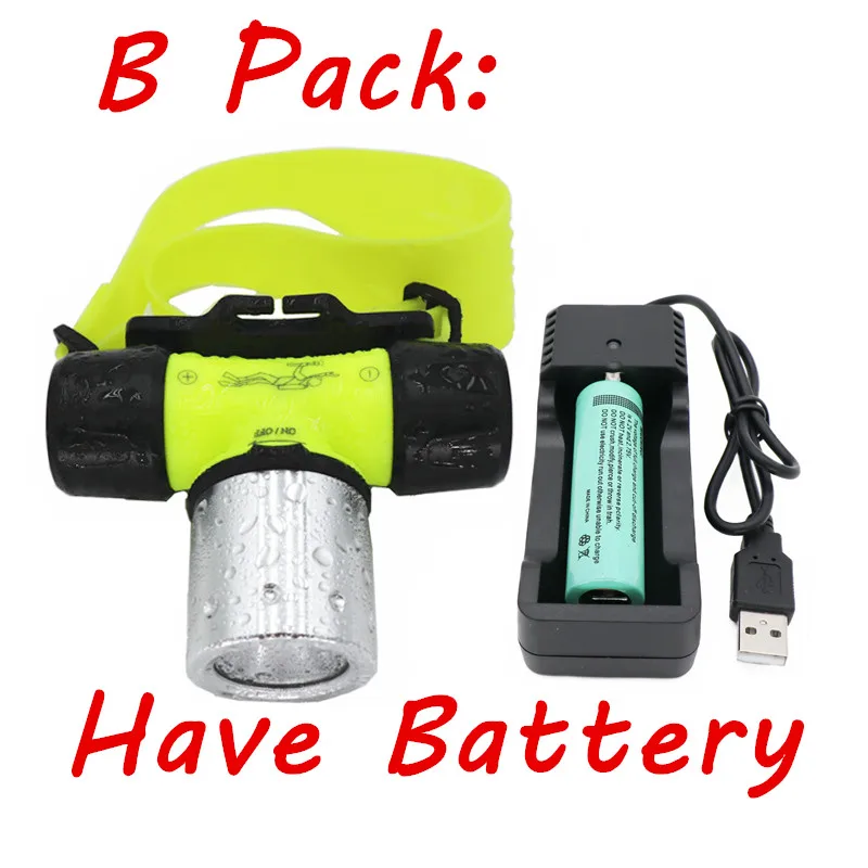 B Pack-Have Battery Водонепроницаемый xmL-T6 светодиодный налобный фонарь для дайвинга и плавания подводный налобный фонарь для рыбалки светодиодный фонарь с батареей 18650 - Испускаемый цвет: B Pack-Have Battery
