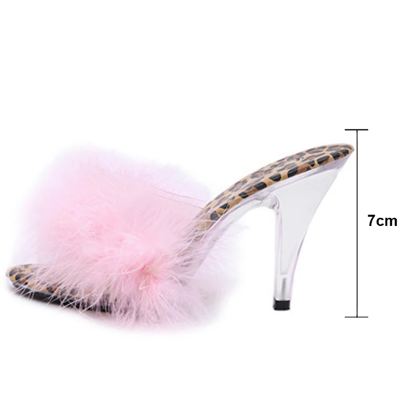 Pink 7cm Пикантные леопардовые тапочки с перьями; большие размеры 34-45; женские летние меховые вечерние силиконовые стельки для защиты от натирания ног; женские интересные сандалии; WS0022 - Цвет: Pink 7cm