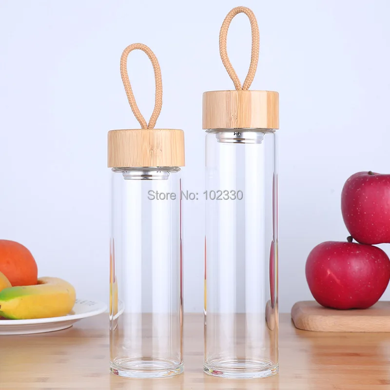 

10pcs 380ml 450ml Borosilicate Glass Water Bottles Tea Strainer Bamboo Lid Tumbler For Juice Portable Outdoor Drinkware