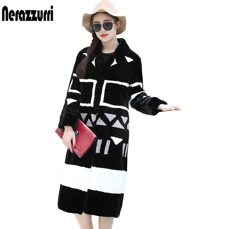 Nerazzurri Winter Long Warm Fluffy Soft Patchwork Faux Fur Coat Women Contrast Color Designer Luxury Korean Fashion Clothing