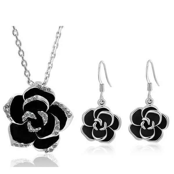 silver black 2 Классический черный цветок розы Ожерелье Серьги Кольца с Стразы Lucite капля масло Австрийские Кристальные украшения из цветов наборы - Окраска металла: silver black 2