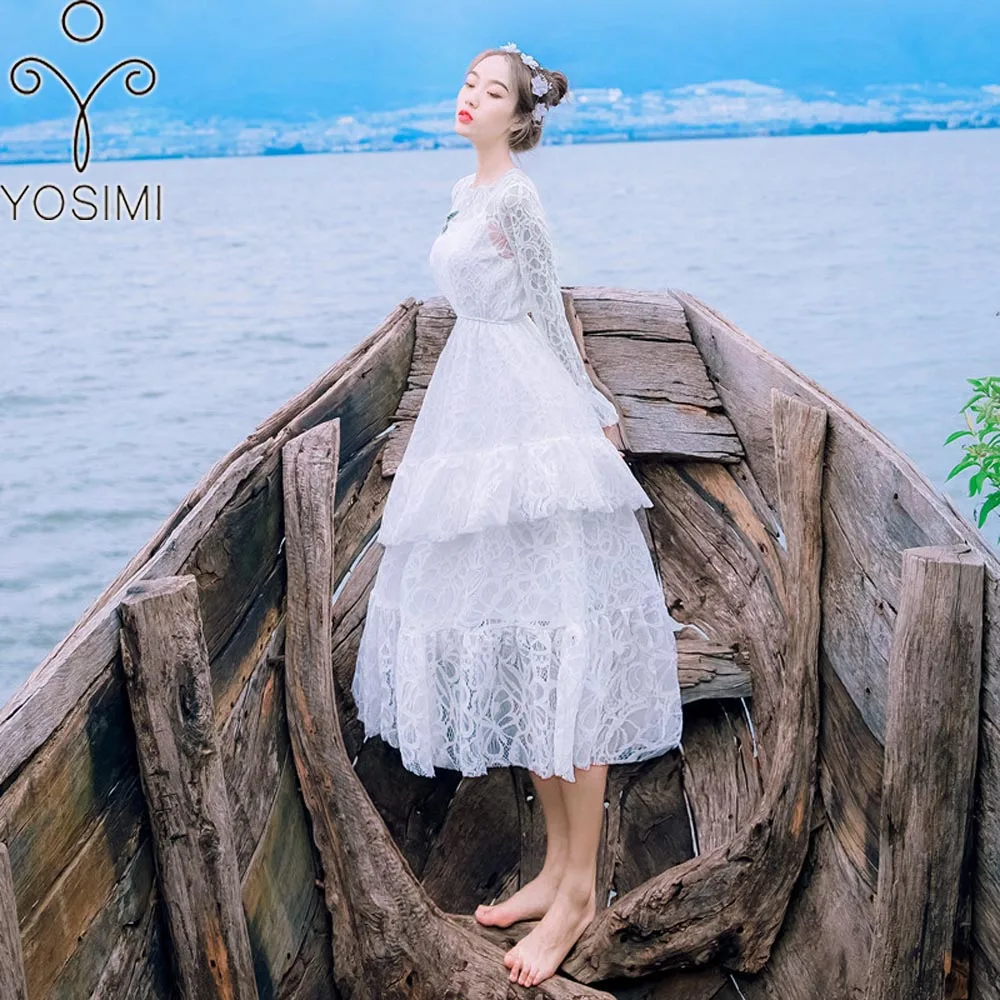 2019 spring Summer Maxi Elegant Lace Embroidery Long Women Dress White Evening Party Tunic Fairy Mid-Calf O-neck Beach | Женская одежда