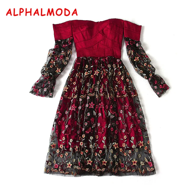 Женское платье без бретелек ALPHALMODA кружевное с длинными рукавами фонариками