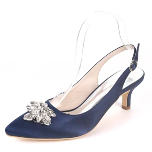 Creativesugar женские атласные вечерние модельные туфли slingback острый носок с кристаллами брошь Свадебная вечеринка Пром каблуки дюймов - Цвет: Navy blue