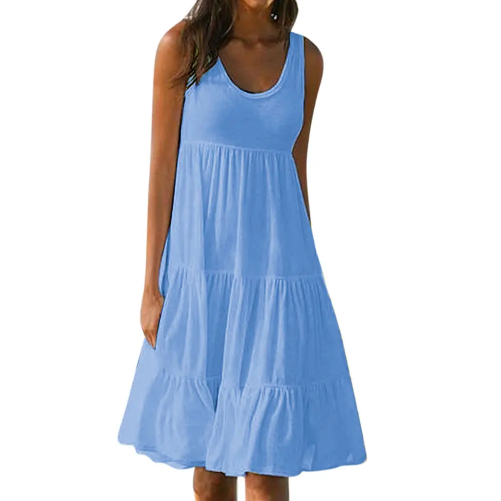 Женское летнее платье большие размеры свободные однотонные платья без рукавов