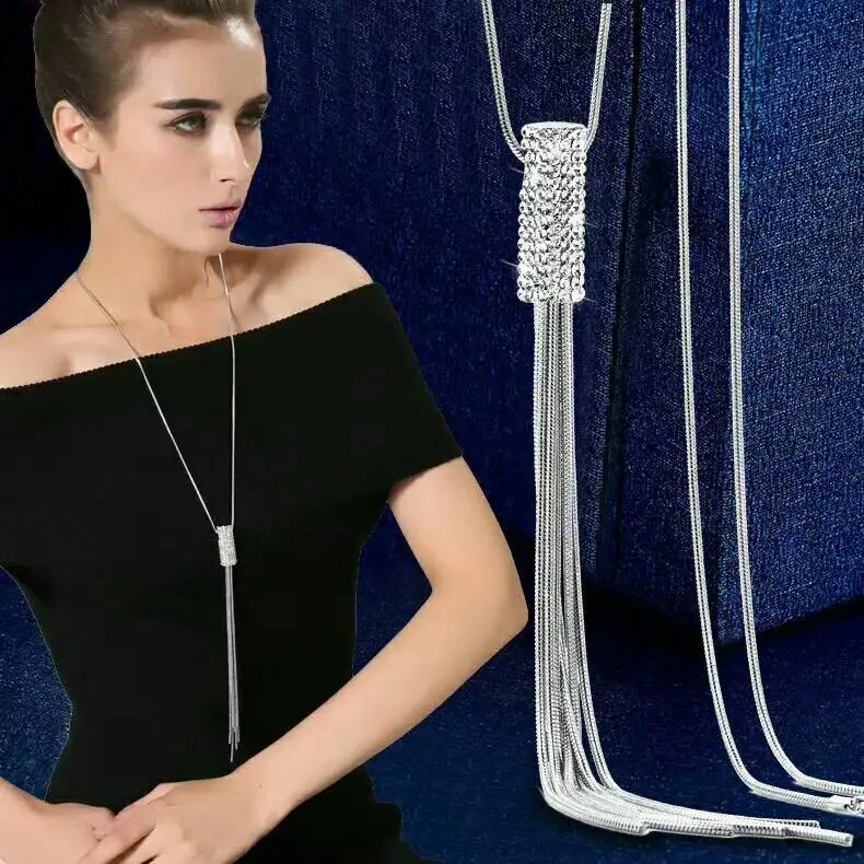 silver color Стразы, длинное ожерелье с кисточками, Женские Подвески, новые модные ювелирные изделия,, ожерелье для свитера, подарки - Окраска металла: silver color