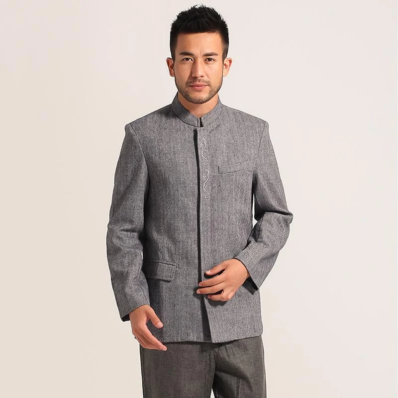 Мужской костюм туника зимний серый из толстой шерсти с вышитым драконом кунг фу