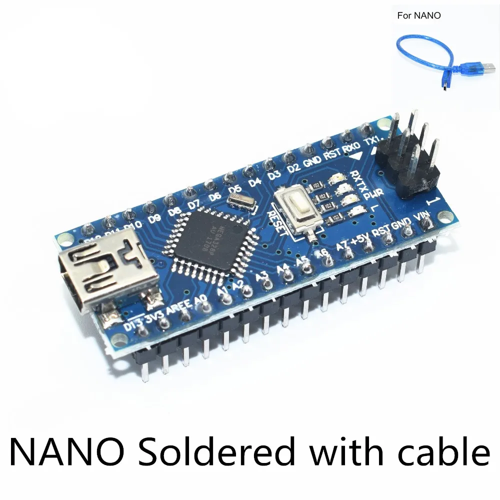 Soldered with cable 10 шт. Nano V3.0 Nano V3 не припаянный с usb кабелем контроллер совместимый для arduino nano CH340 USB Драйвер Синий/черный/красный - Цвет: Soldered with cable