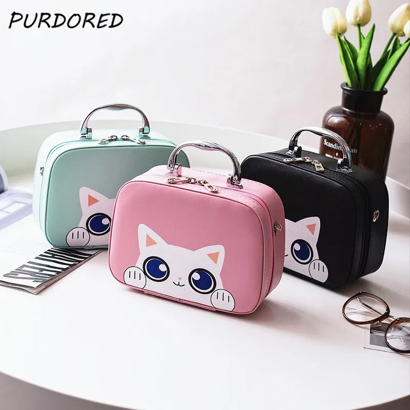 PURDORED, 1 шт., мультяшная косметичка из искусственной кожи, портативная, для женщин, милый кот, коробка для хранения косметики, дорожная, моющаяся сумка для хранения Органайзер