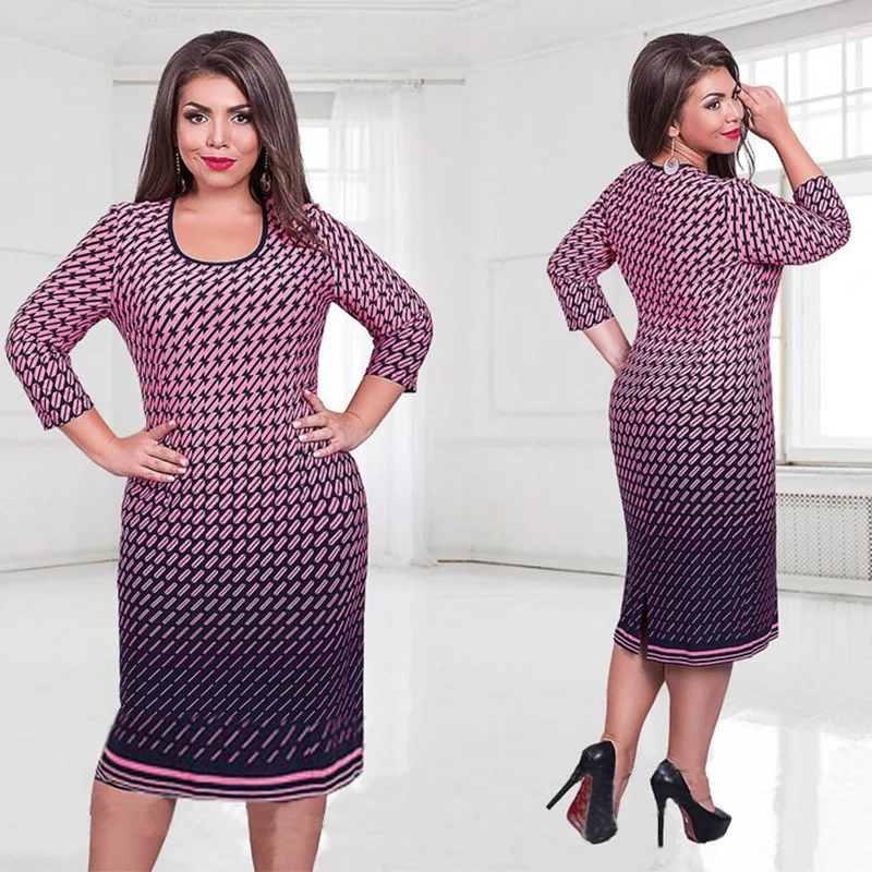 Women Plus Size Bodycon Dress Elegant Plaid Print Gradient Casual Slim Shift Three Quarter Sleeve Pencil L to 6XL | Женская одежда