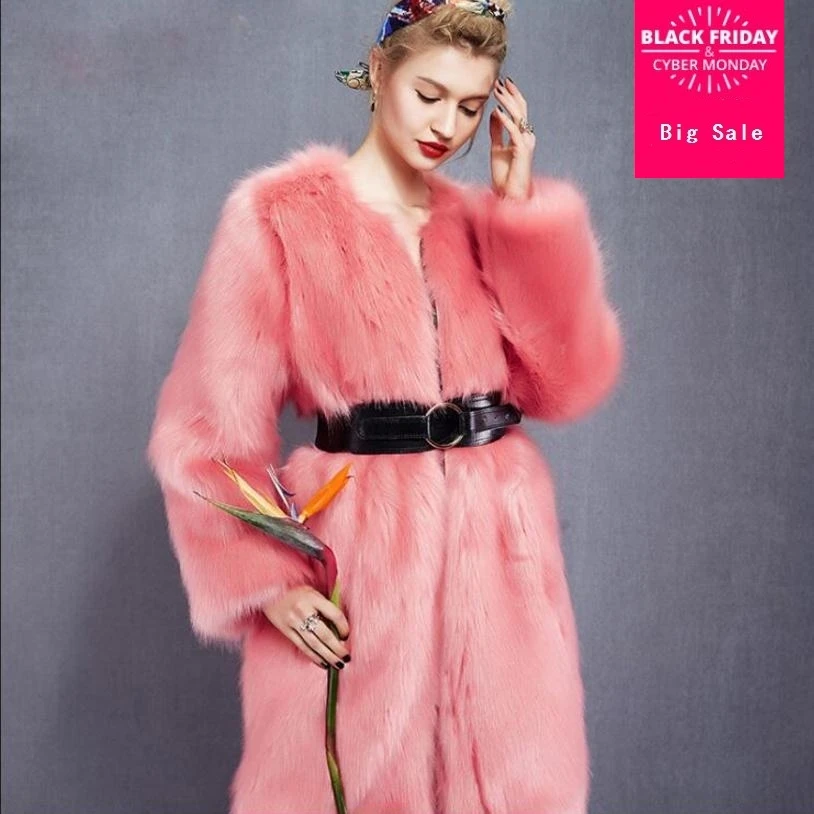 S-2XL Women's winter faux fox fur coat winter longger warm Fox Fur collar long sleeve stitching coat with belt wj1393 free send