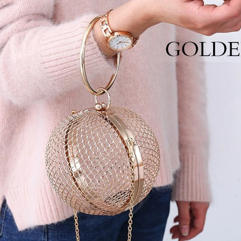 Metal Ball Women Shoulder Bag Gold Cages Women Round Hollow Out Clutch Bag Evening Ladies Wedding Party Bags CrossBody Purse