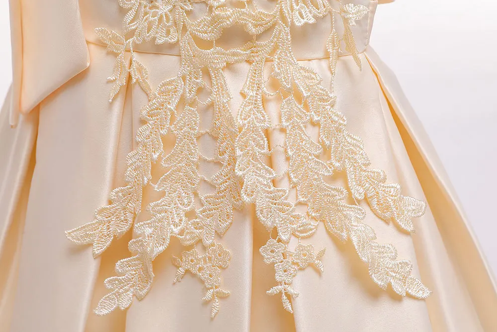Elegant One word shoulder children's dress summer girl party princess big bow lace kids baby wedding flower clothes | Детская одежда