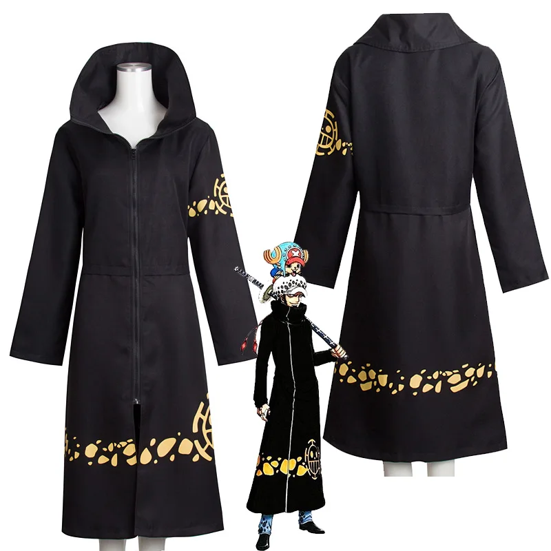 

Anime One Piece Cosplay Costume Trafalgar Law 2nd Cloak Men Adult Black Overcoat Japanese long Sleeve With Hat For Halloween