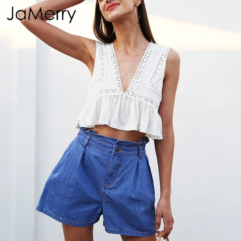 JaMerry Sexy V средства ухода за кожей шеи кружево мини укороченный футболки для женщин